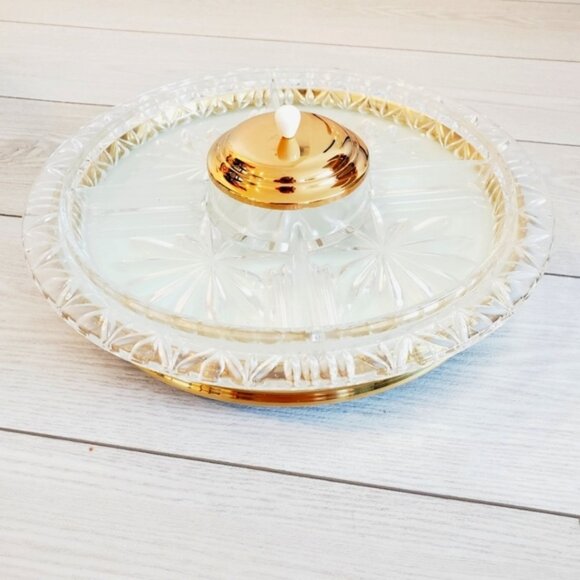 Rare Vintage Mid Century 60s Brass Lazy Susan Rotating Crystal Glass Tray - Picture 1 of 8
